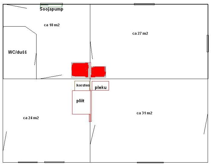 asendiplaan: majaosa plaan, punane laik (õigemini 2 laiku) kahe toa vahel tähistab kohta kuhu ahju vaja, hetkel on seal kahe toa vahel soemüür... joonis on umbkaudne.